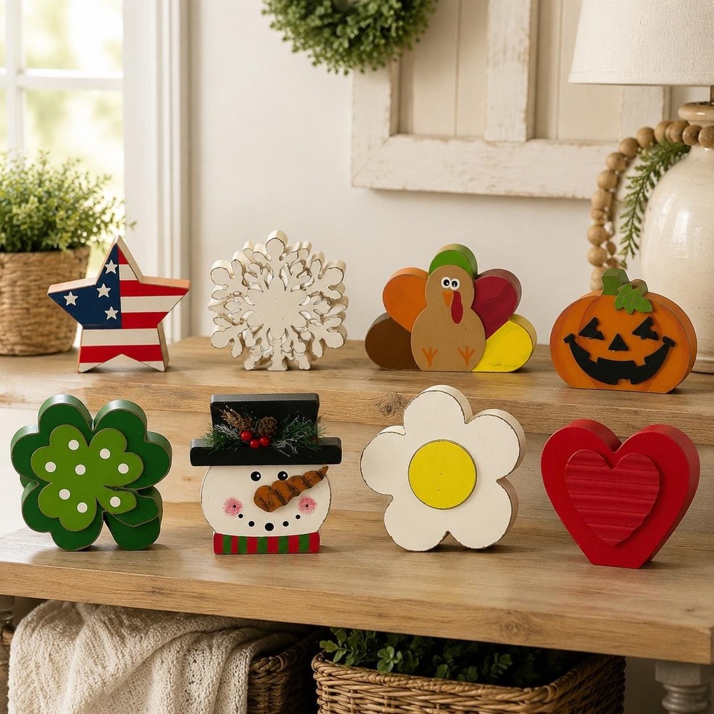 Wooden Holiday Shelf Sitters Set of 8, Seasonal Painted Wood Tabletop Decor
